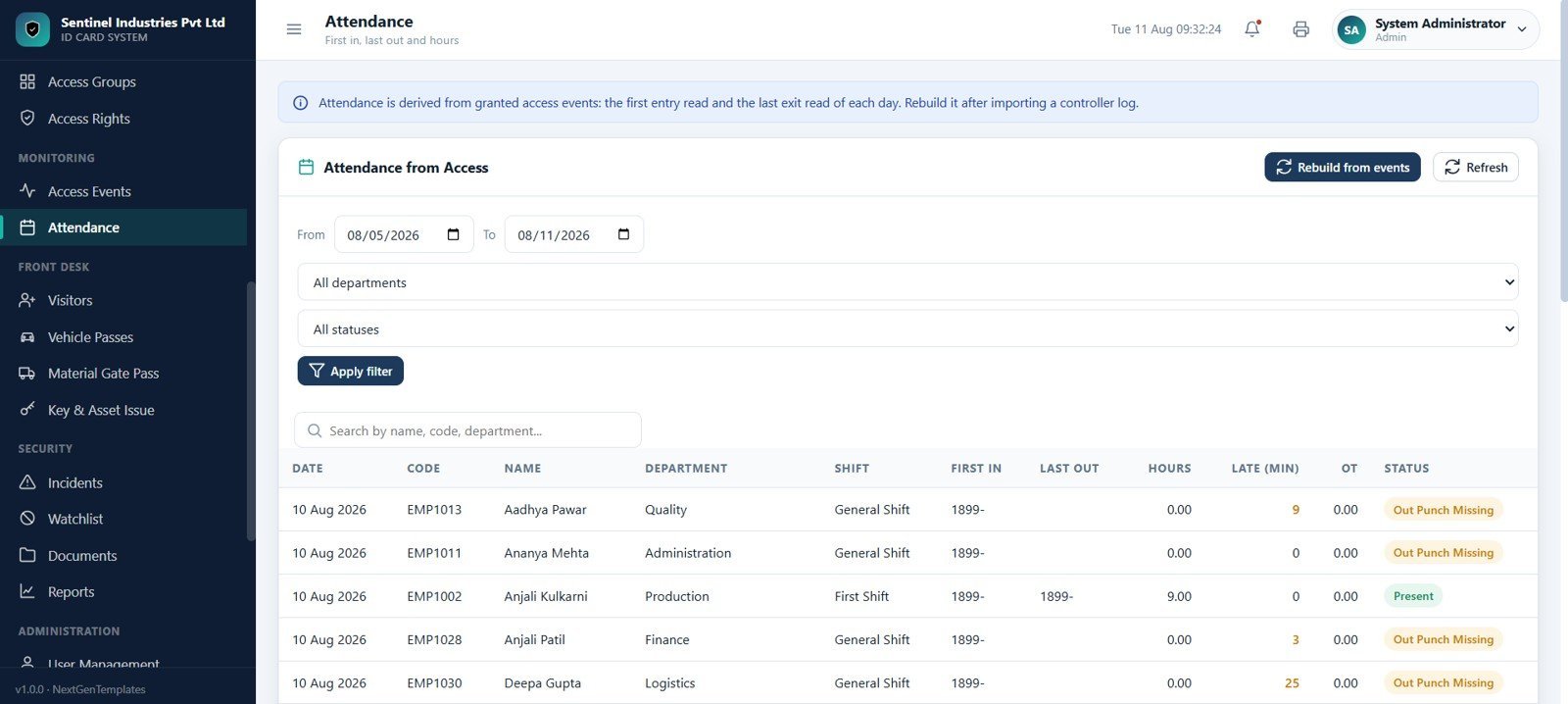 Attendance page in Access Control and ID Card Management System Web App