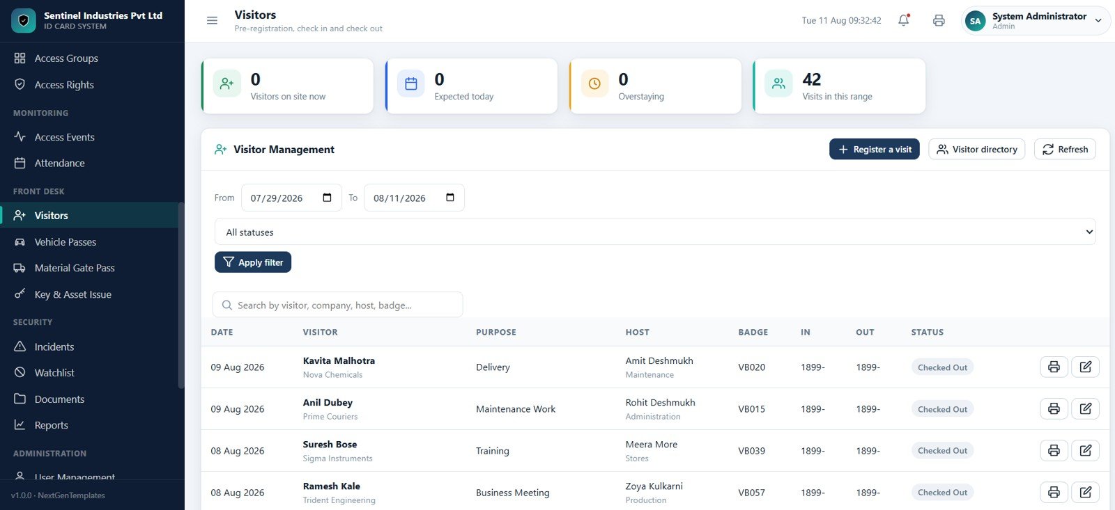 Visitor management desk page