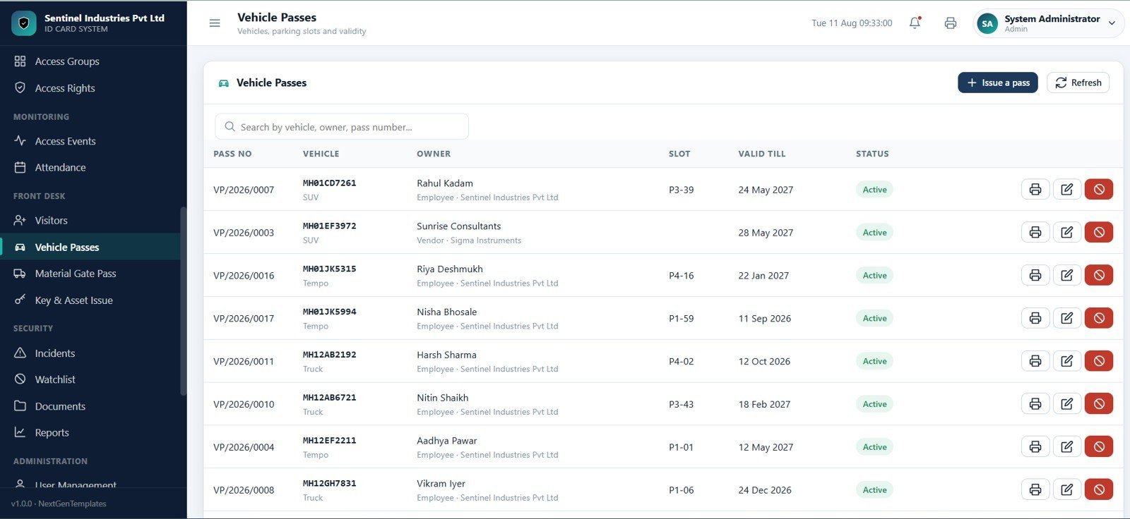 Vehicle Passes page in Access Control and ID Card Management System Web App
