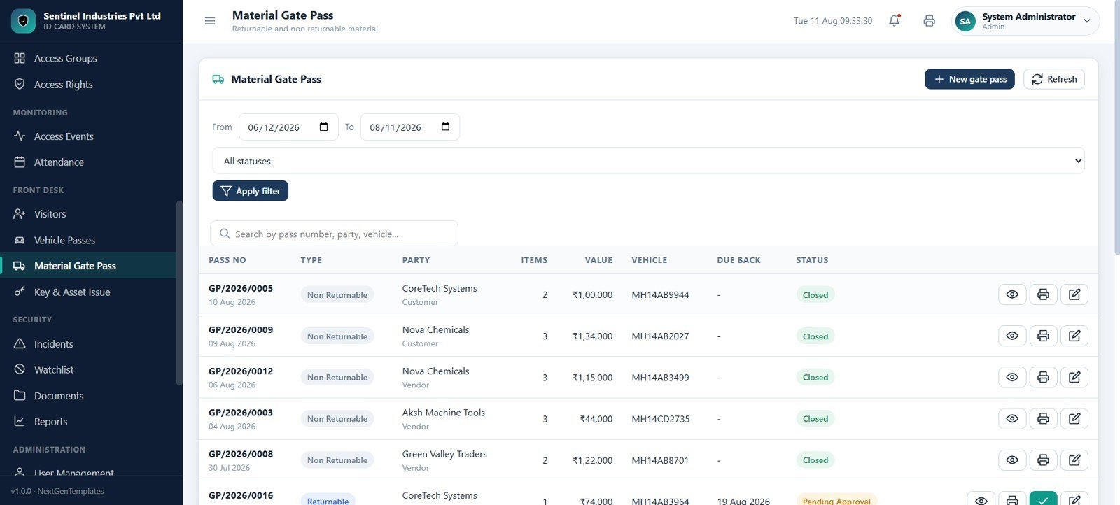 Material Gate Pass page in Access Control and ID Card Management System Web App