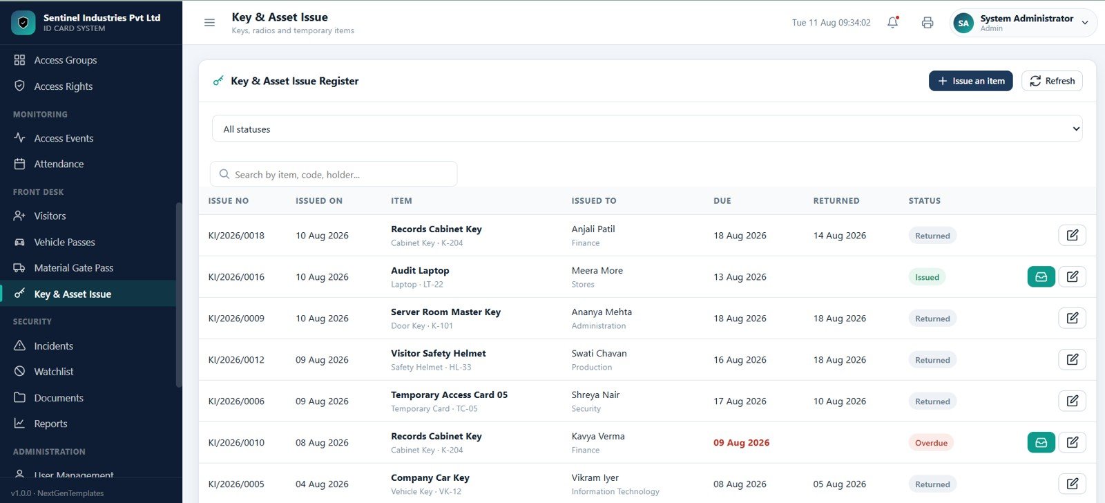 Key and asset issue register