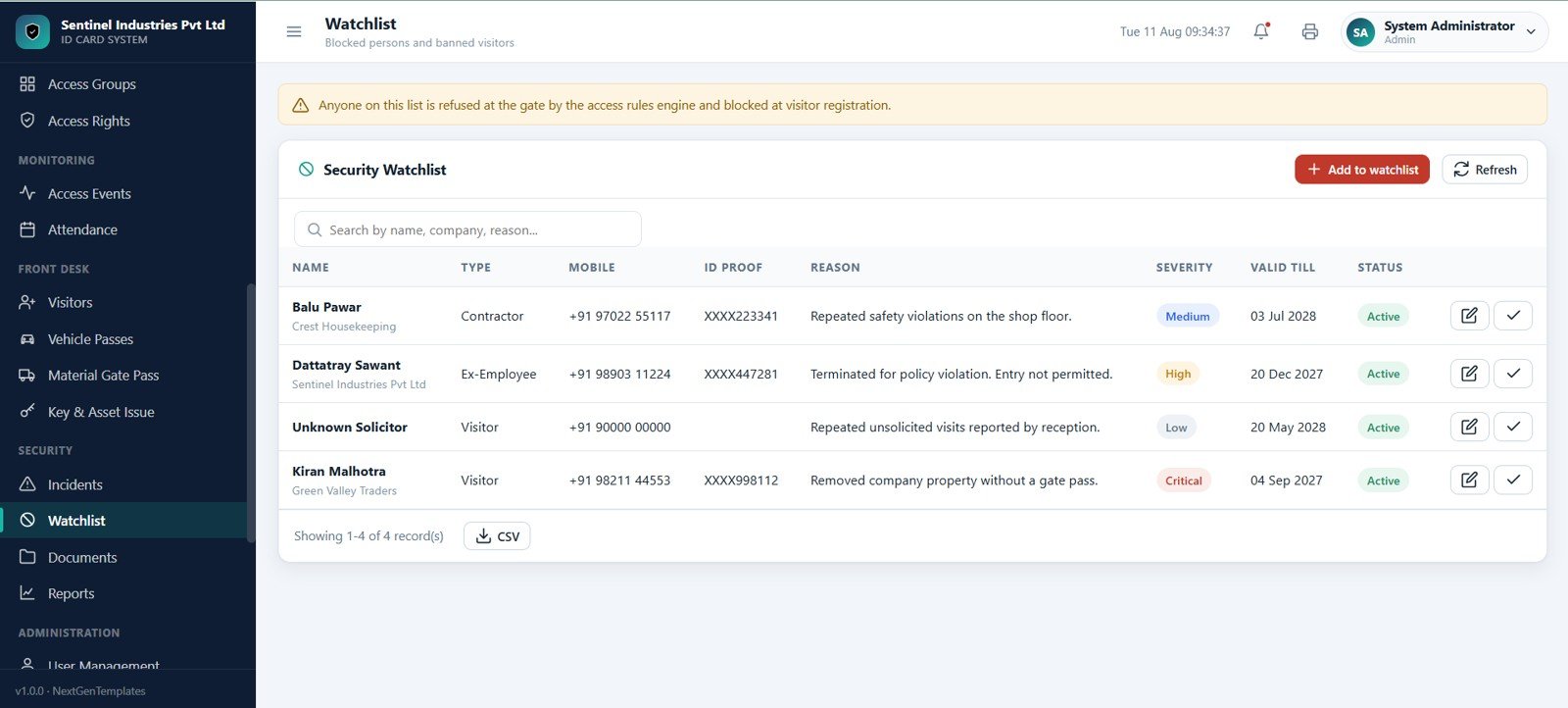 Blocked persons and banned visitors watchlist