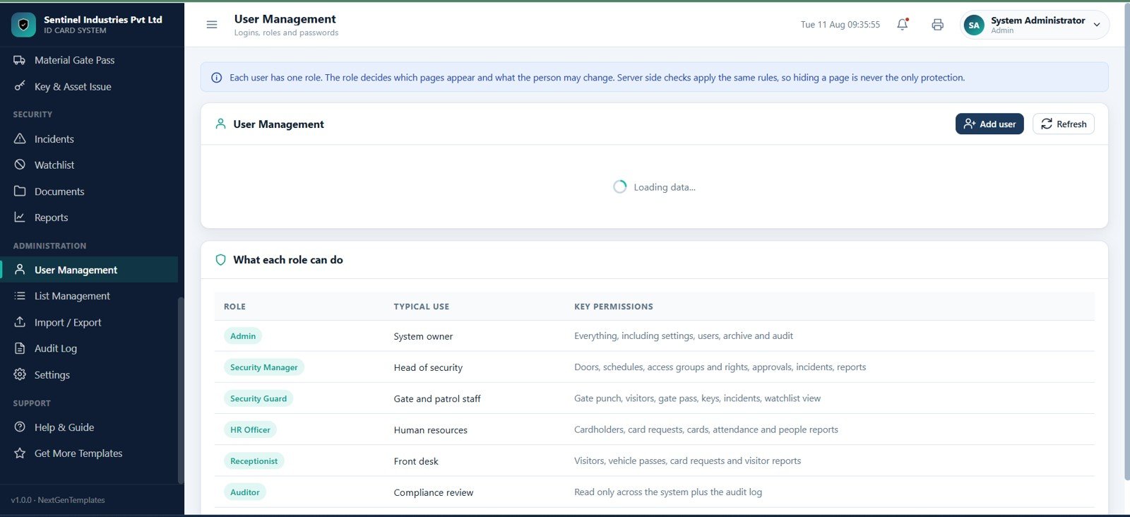 User management roles and permissions page