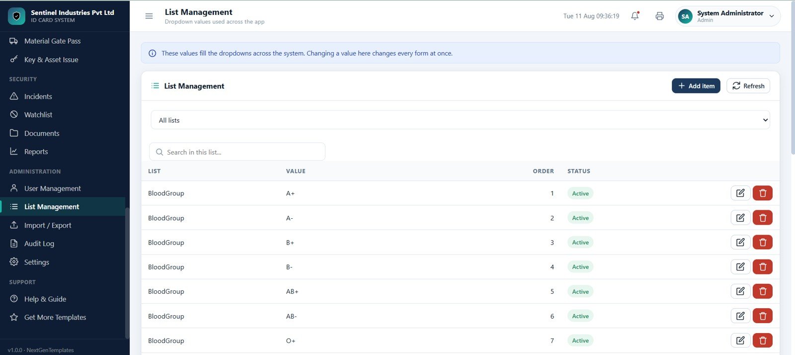 Dropdown list management page