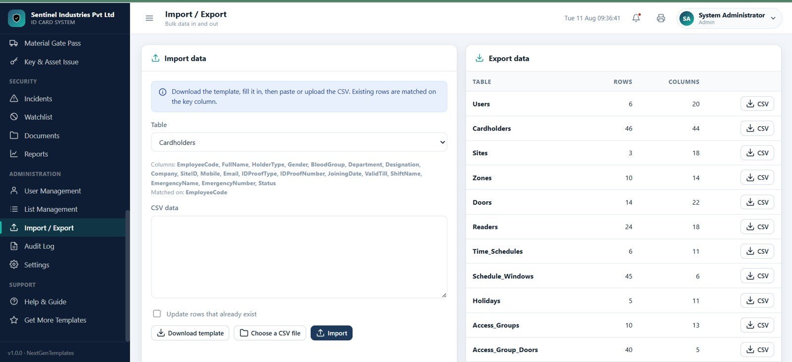 Import and Export page in Access Control and ID Card Management System Web App