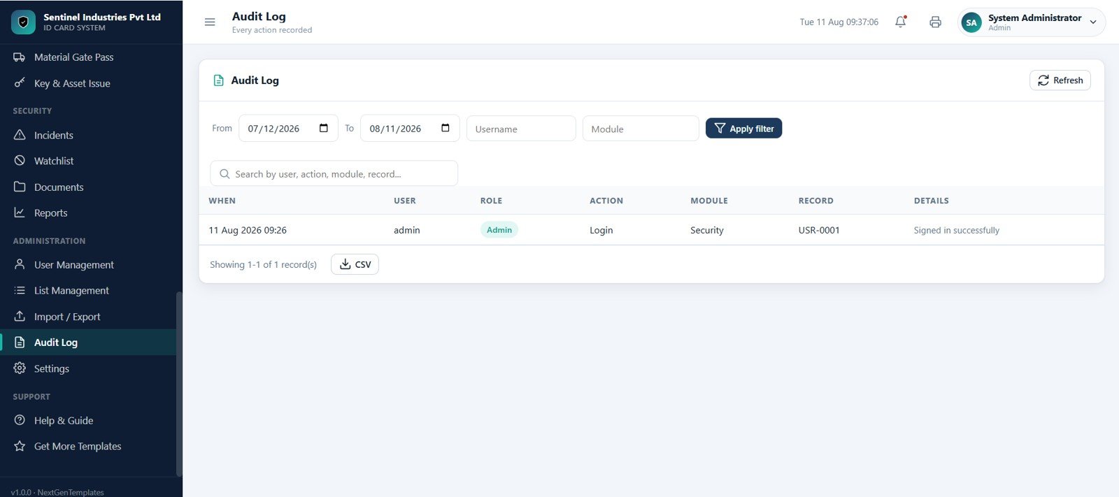 Audit trail for app actions
