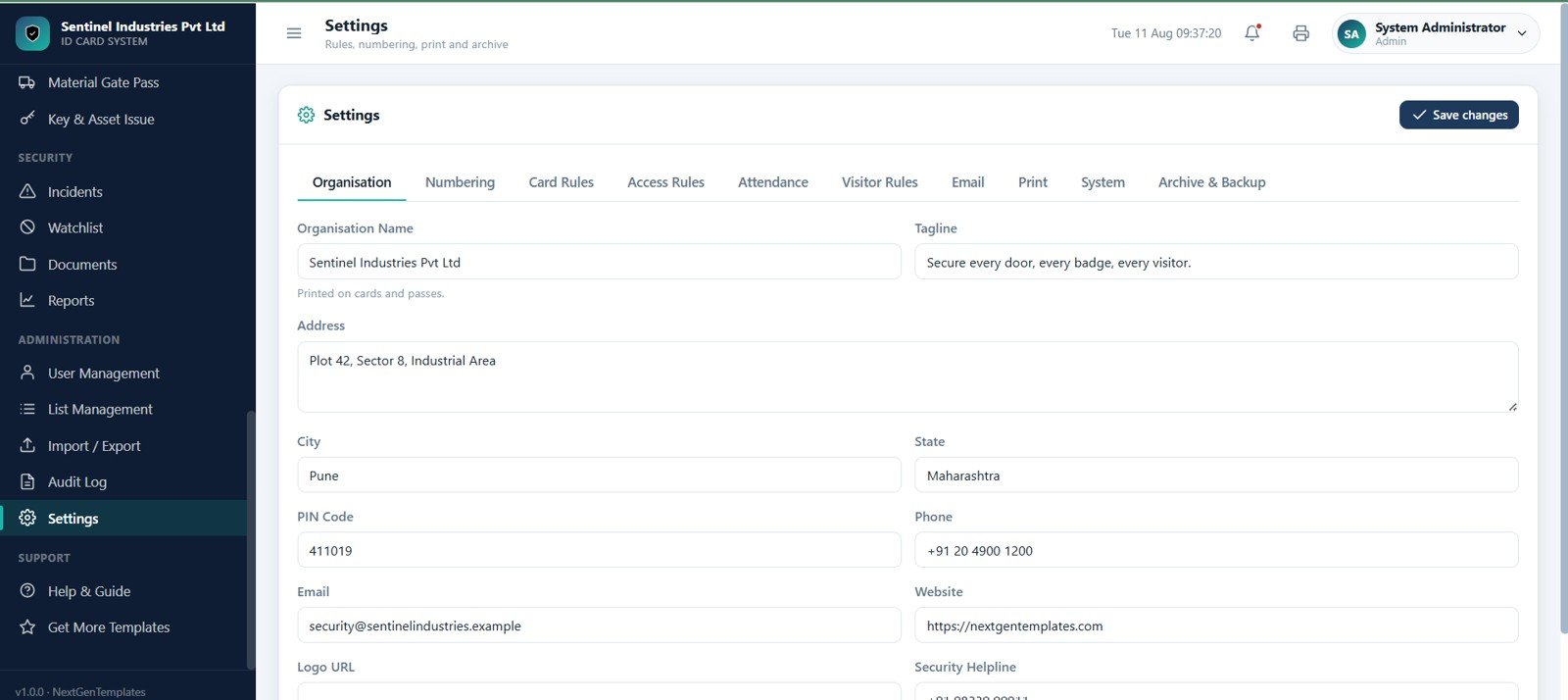 Access control system settings page