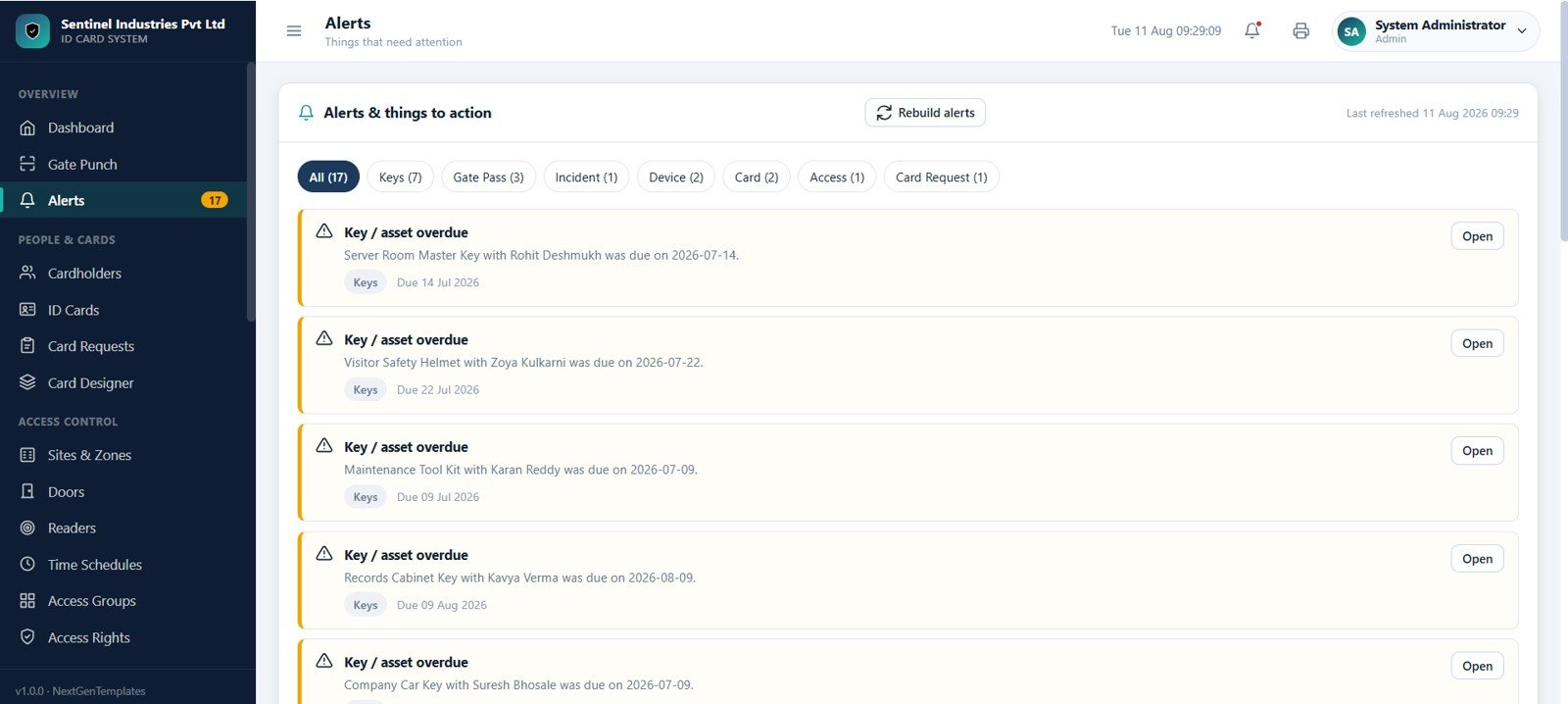 Security alerts and overdue items list