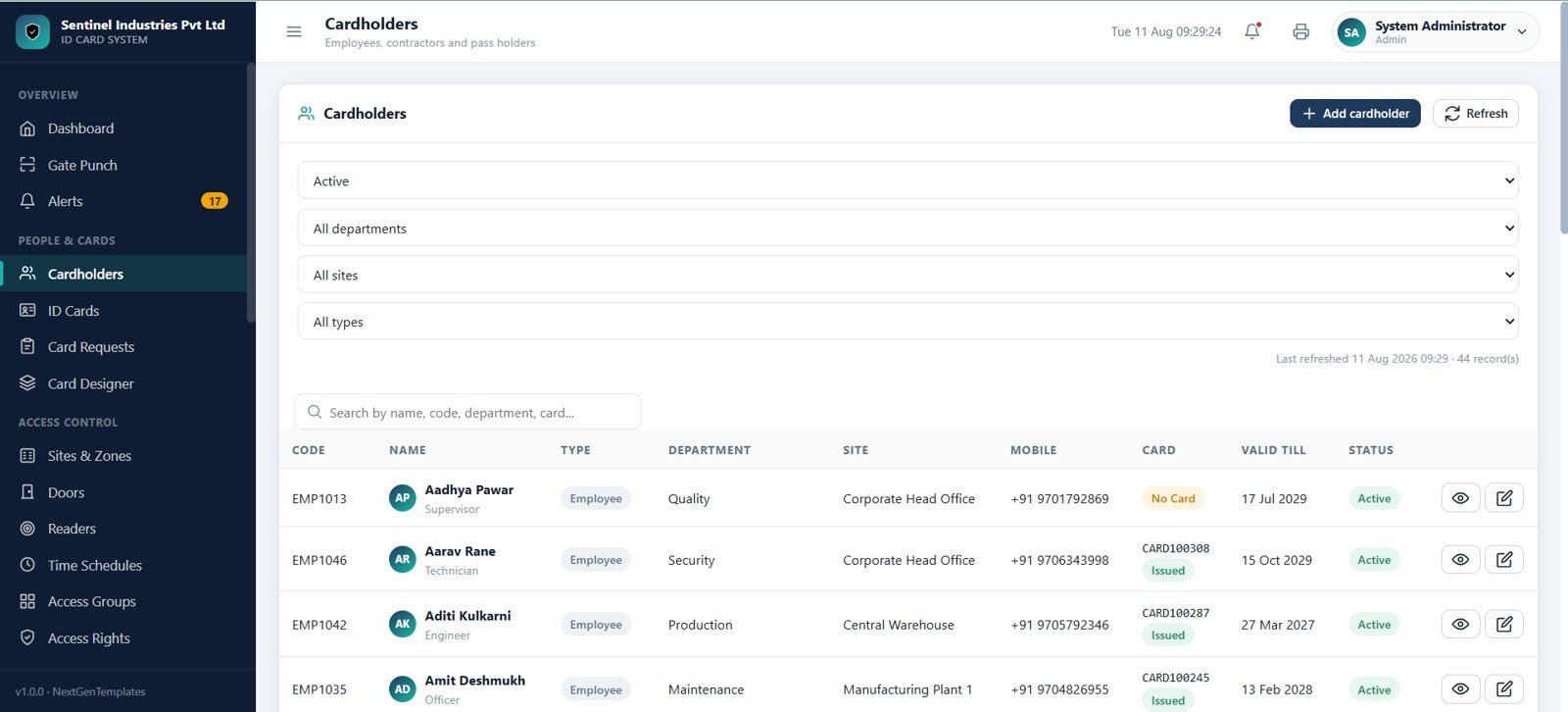 Cardholder register for employees contractors and pass holders
