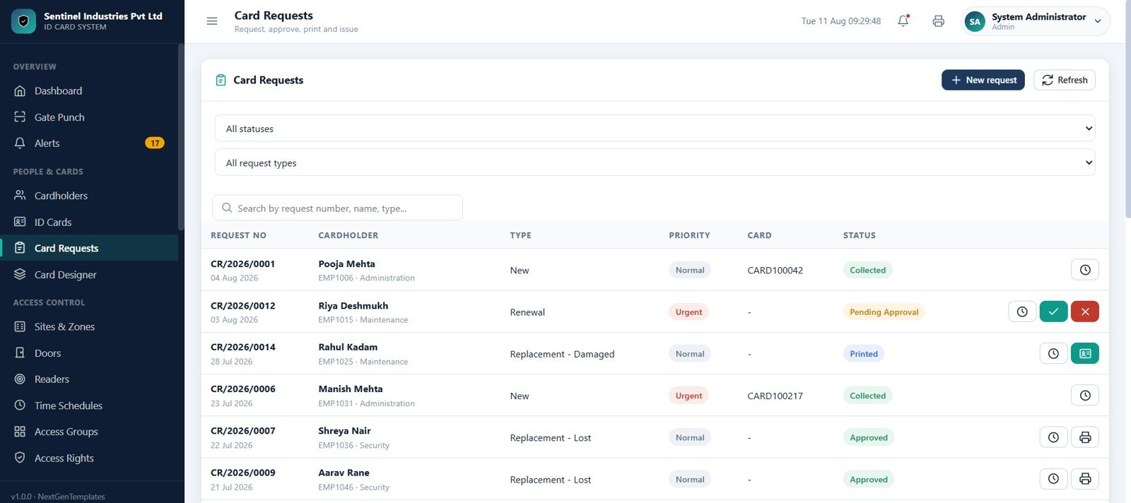 ID card request workflow page