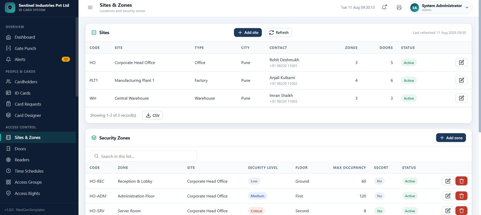 Sites and zones security master data page