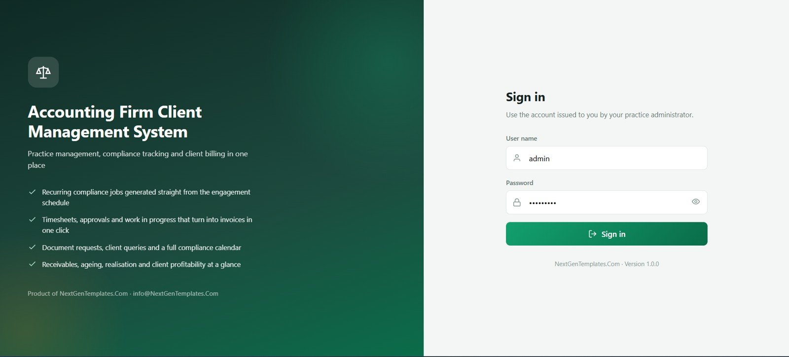 Accounting Firm Client Management System Web App login page