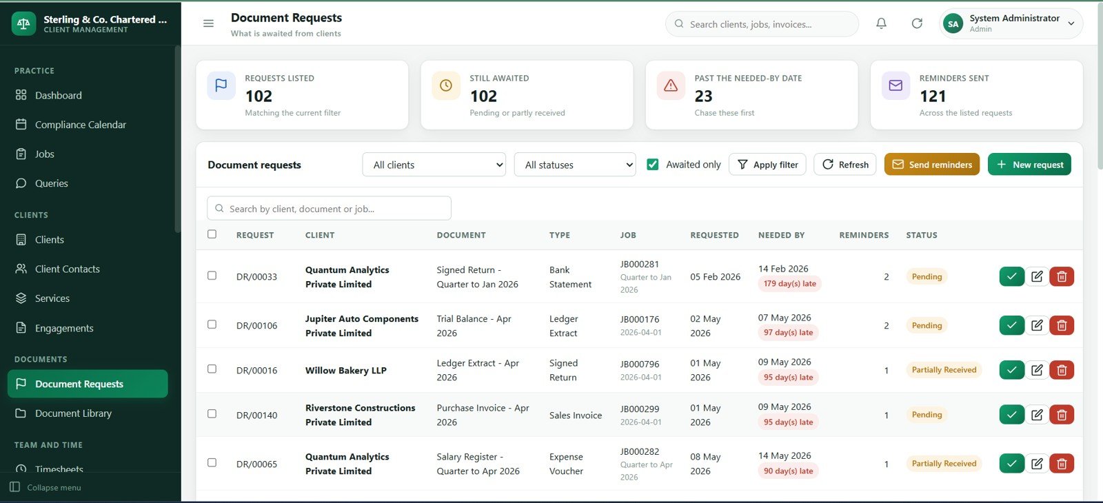 Accounting firm document requests screen