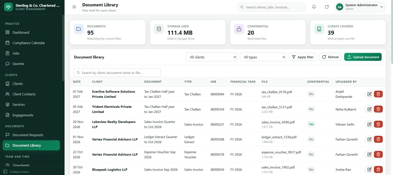 Accounting firm document library screen
