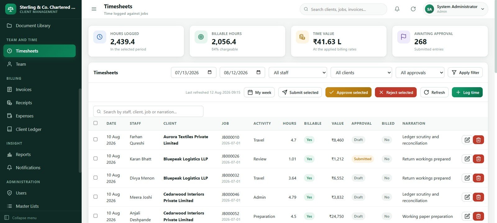 Accounting firm timesheets and WIP screen