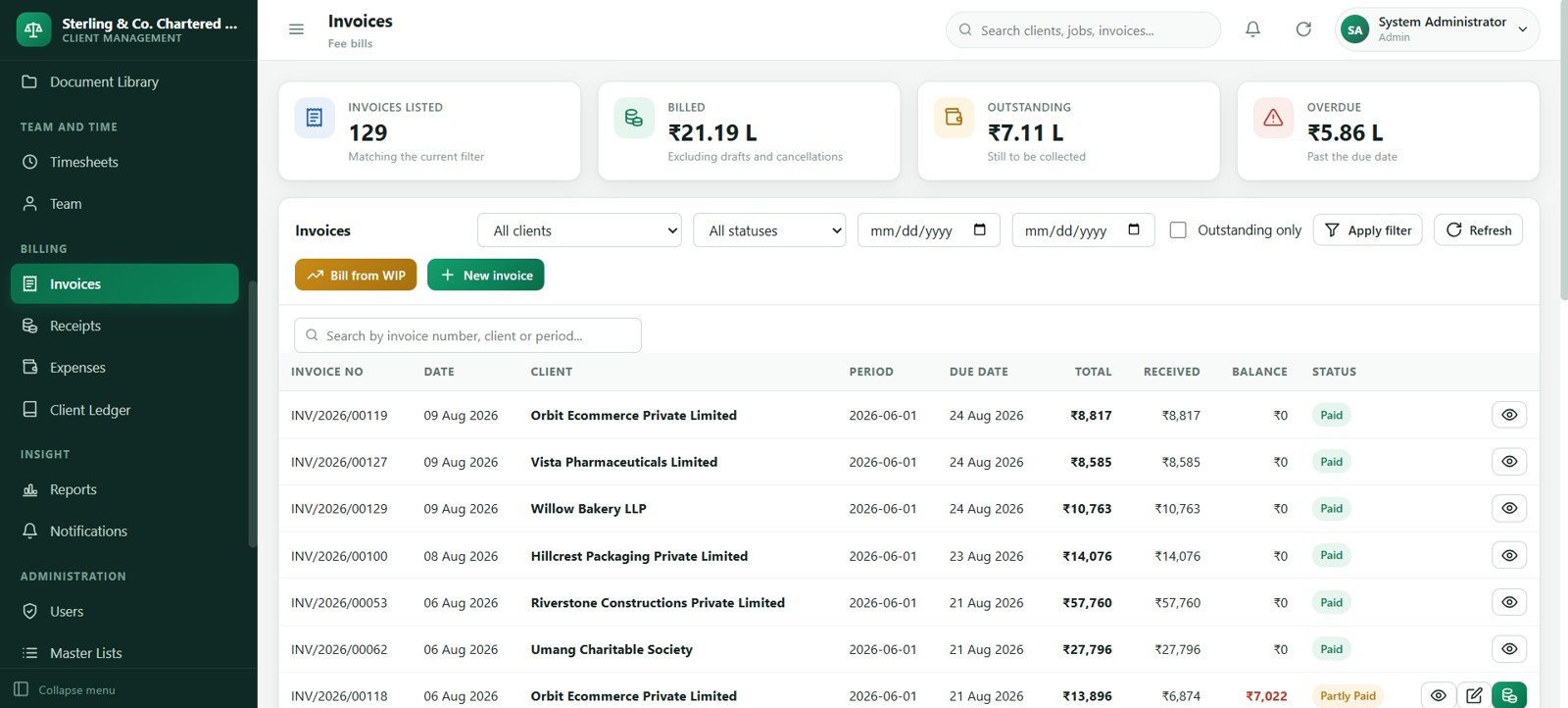 Accounting firm invoices screen