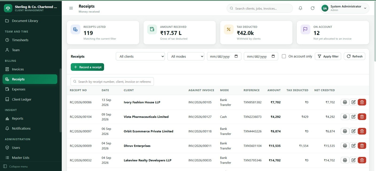 Accounting firm receipts screen