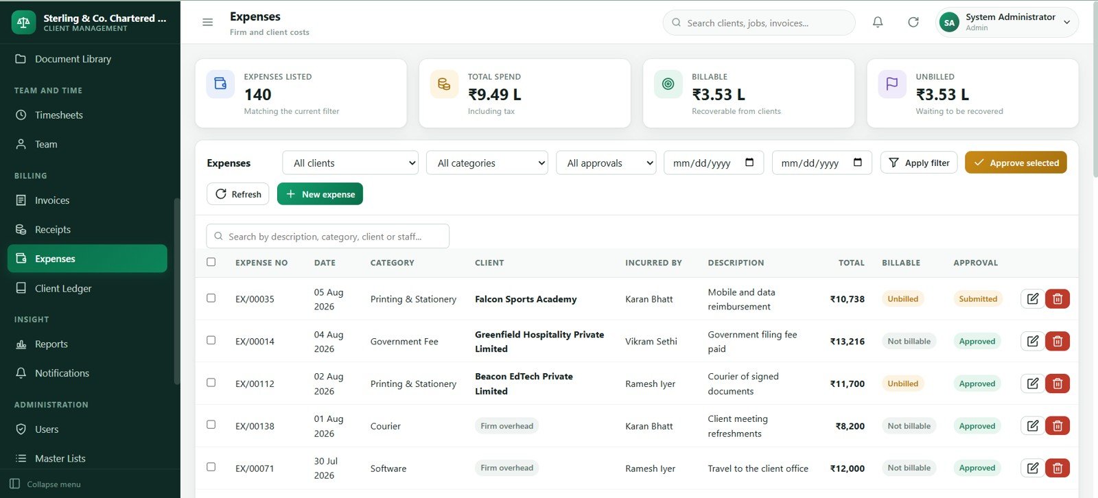 Accounting firm expenses register