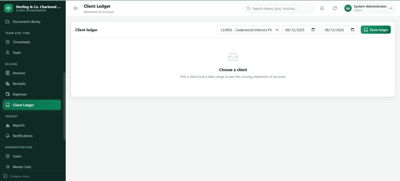 Accounting firm client ledger screen