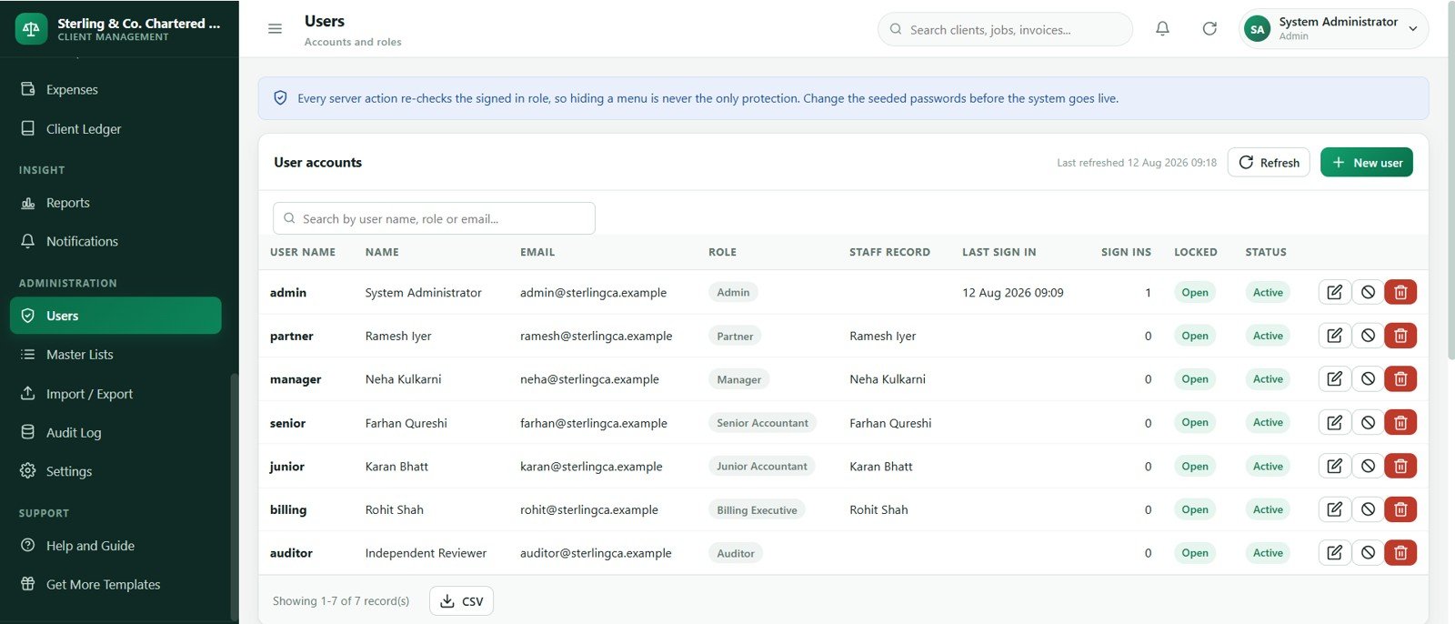 Accounting firm users and roles screen