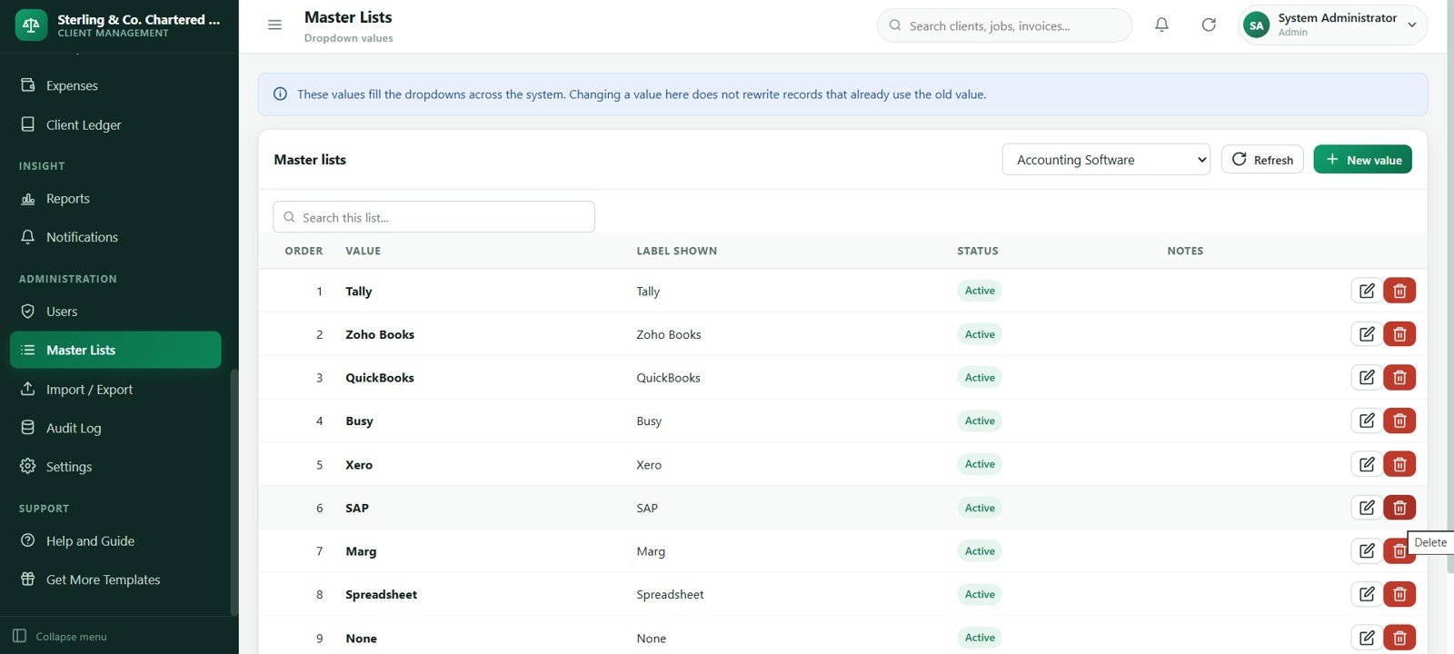 Accounting firm master lists screen