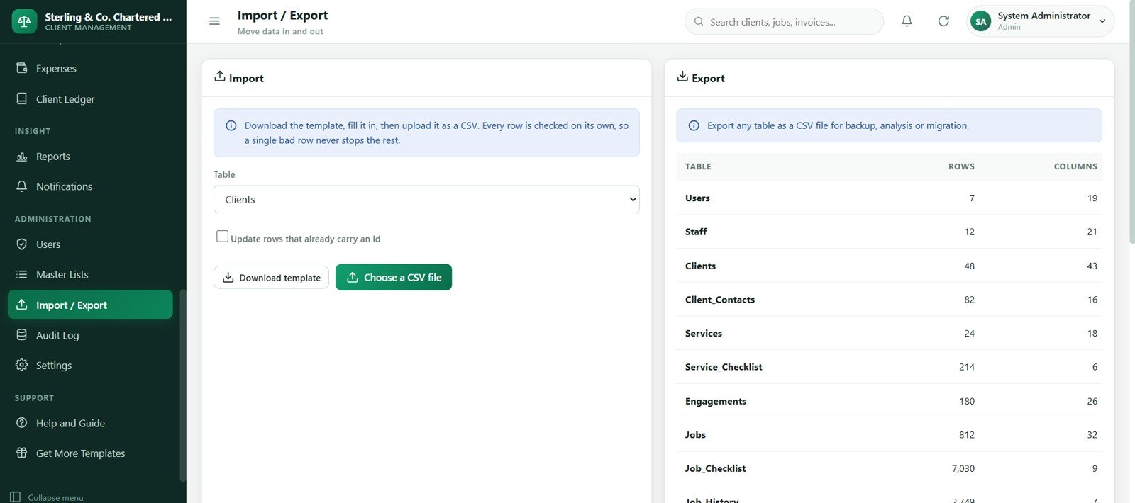 Accounting firm import export screen