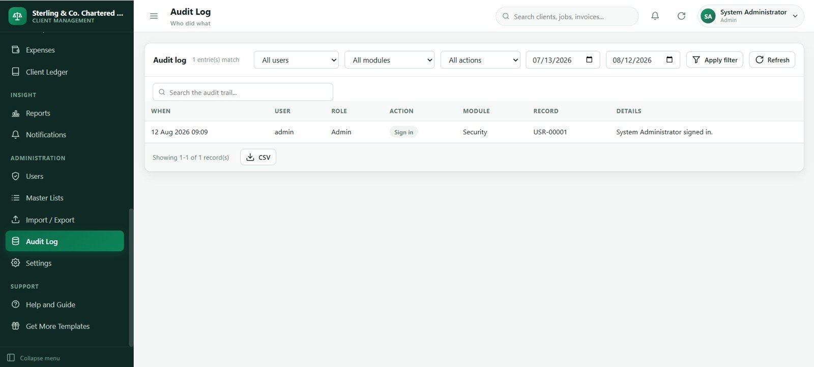 Accounting firm audit log screen