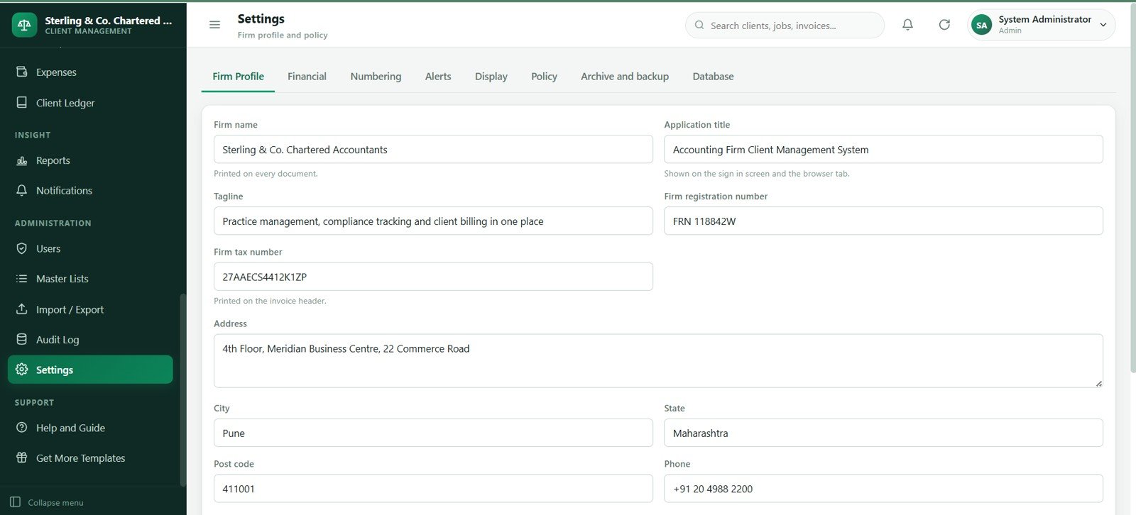 Accounting firm settings screen