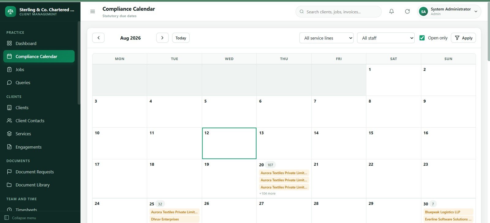Accounting firm compliance calendar screen