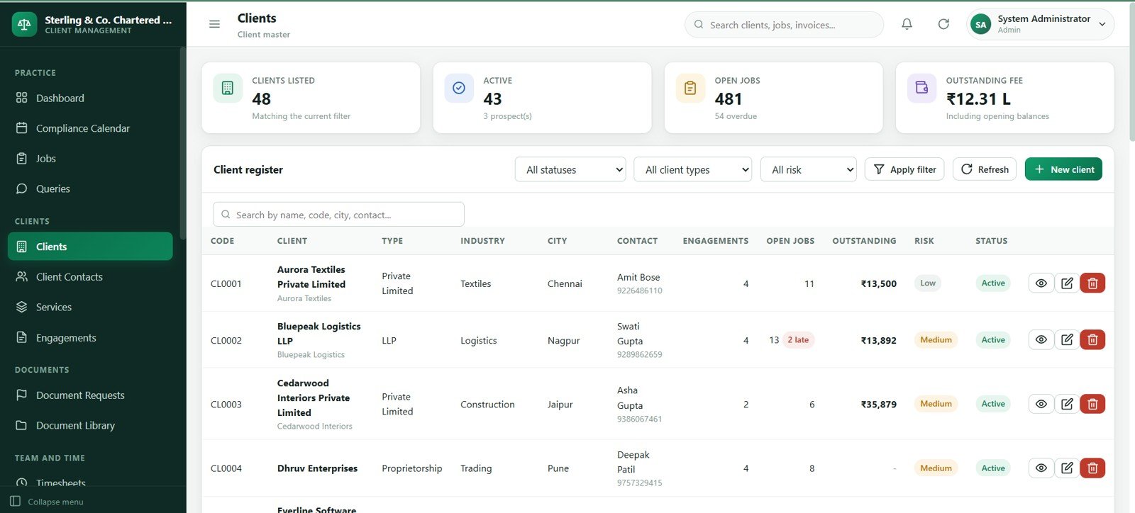 Accounting firm client master screen
