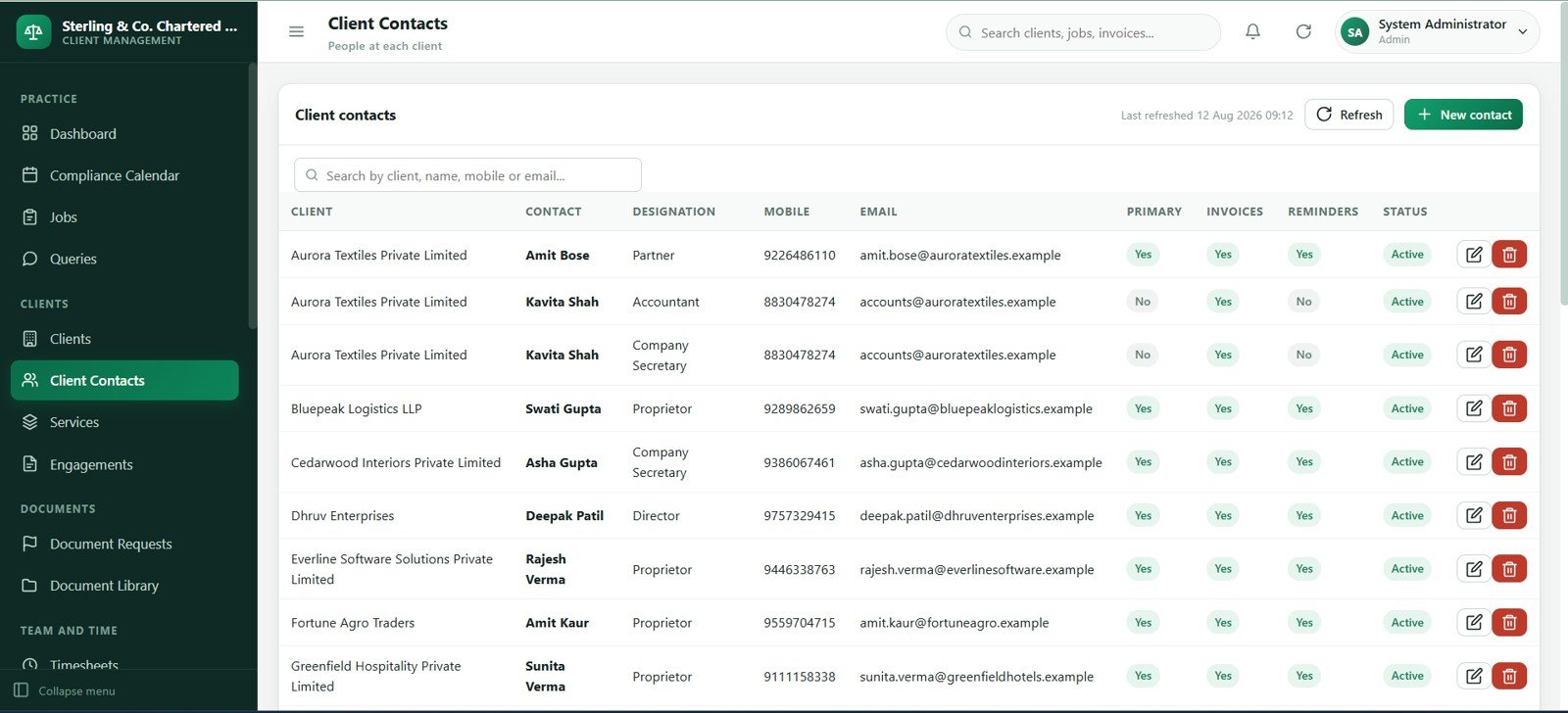 Accounting firm client contacts screen