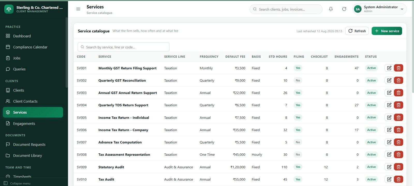 Accounting firm services catalog screen