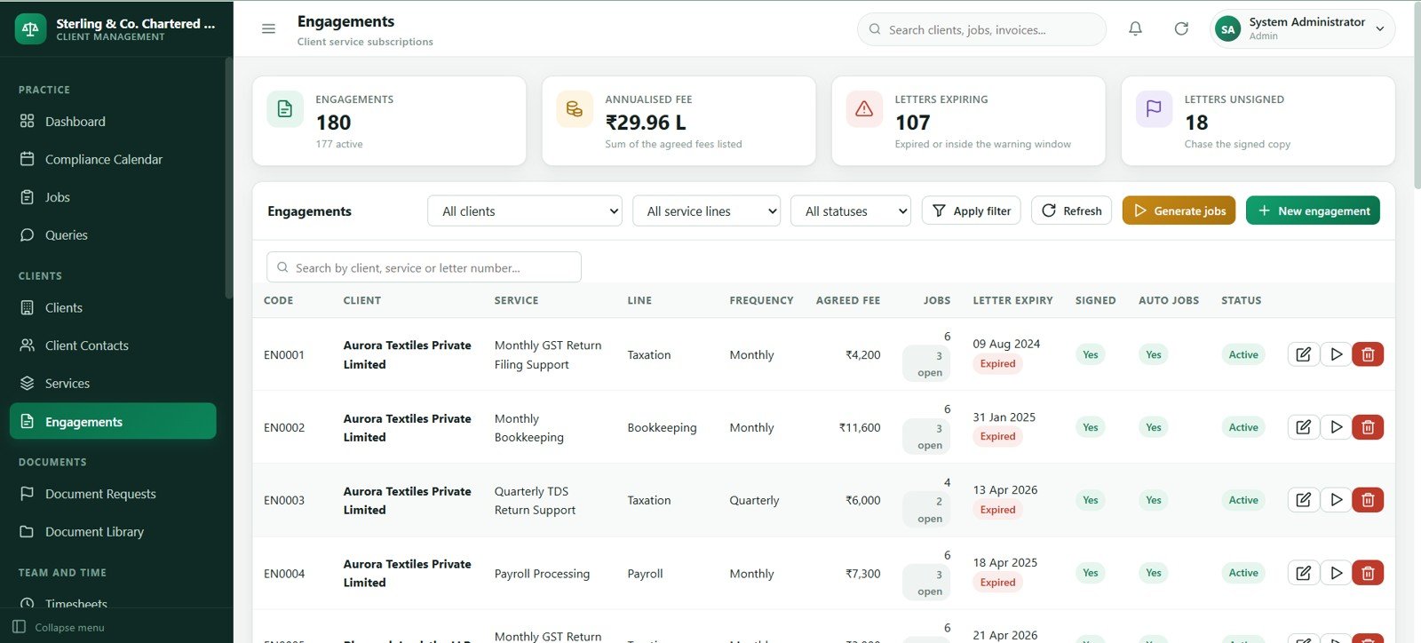 Accounting firm engagements screen