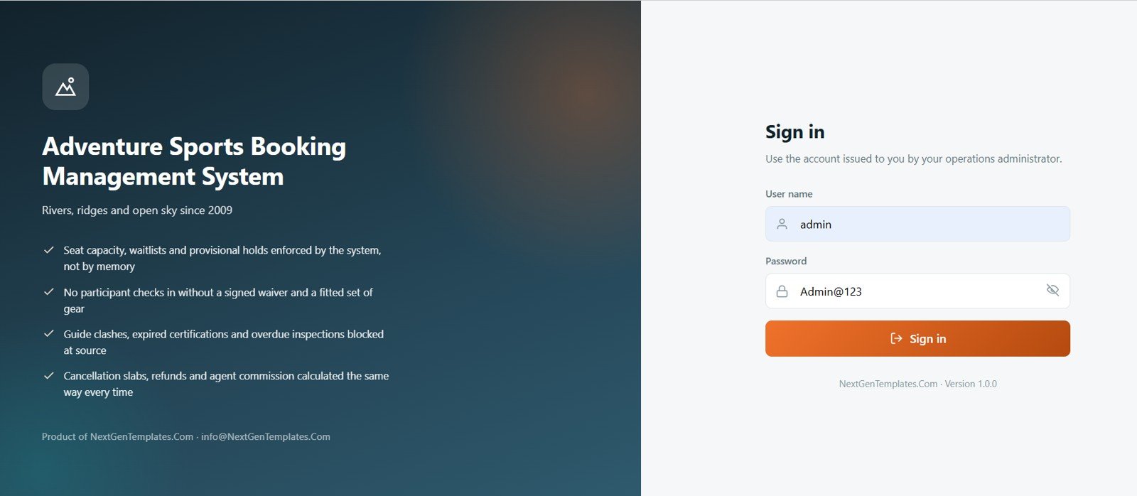 Adventure Sports Booking Management System Web App - role-based sign in screen