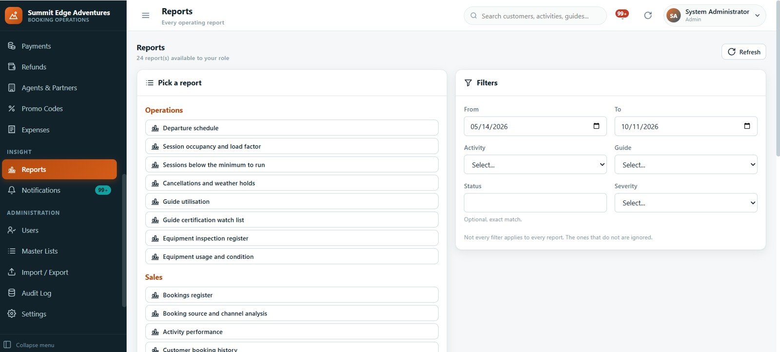 Adventure Sports Booking Management System Web App - reports library