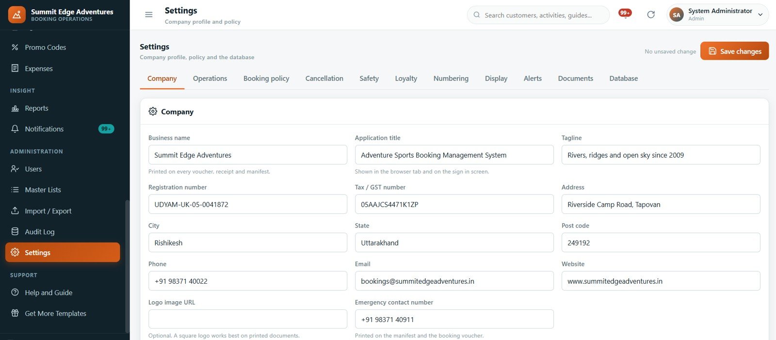 Adventure Sports Booking Management System Web App - settings and company profile