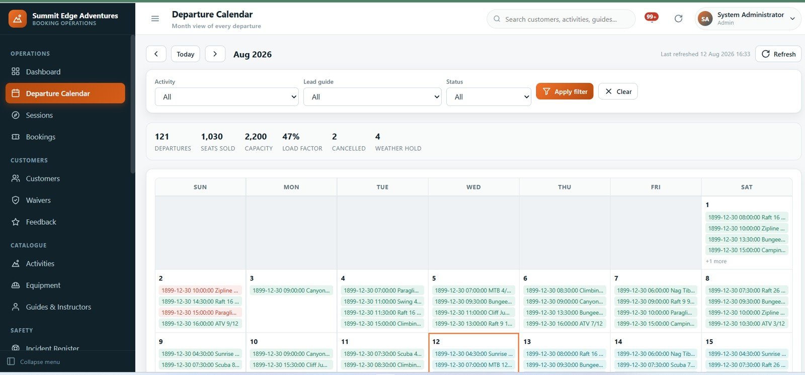 Adventure Sports Booking Management System Web App - departure calendar