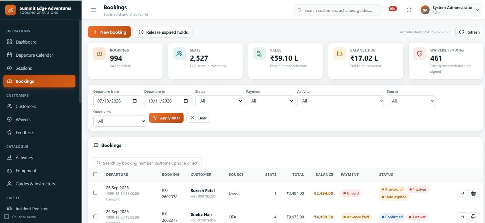 Adventure Sports Booking Management System Web App - bookings register