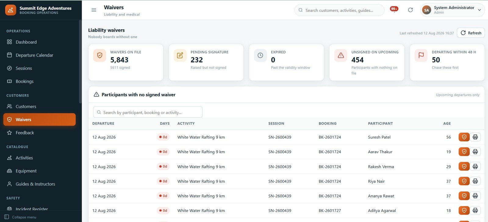 Adventure Sports Booking Management System Web App - liability waiver register