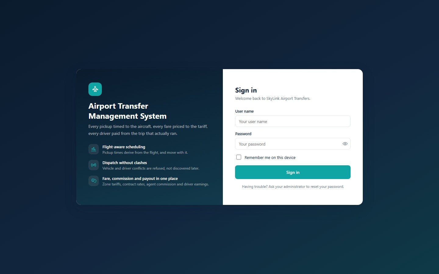 Airport Transfer Management System Web App sign-in screen