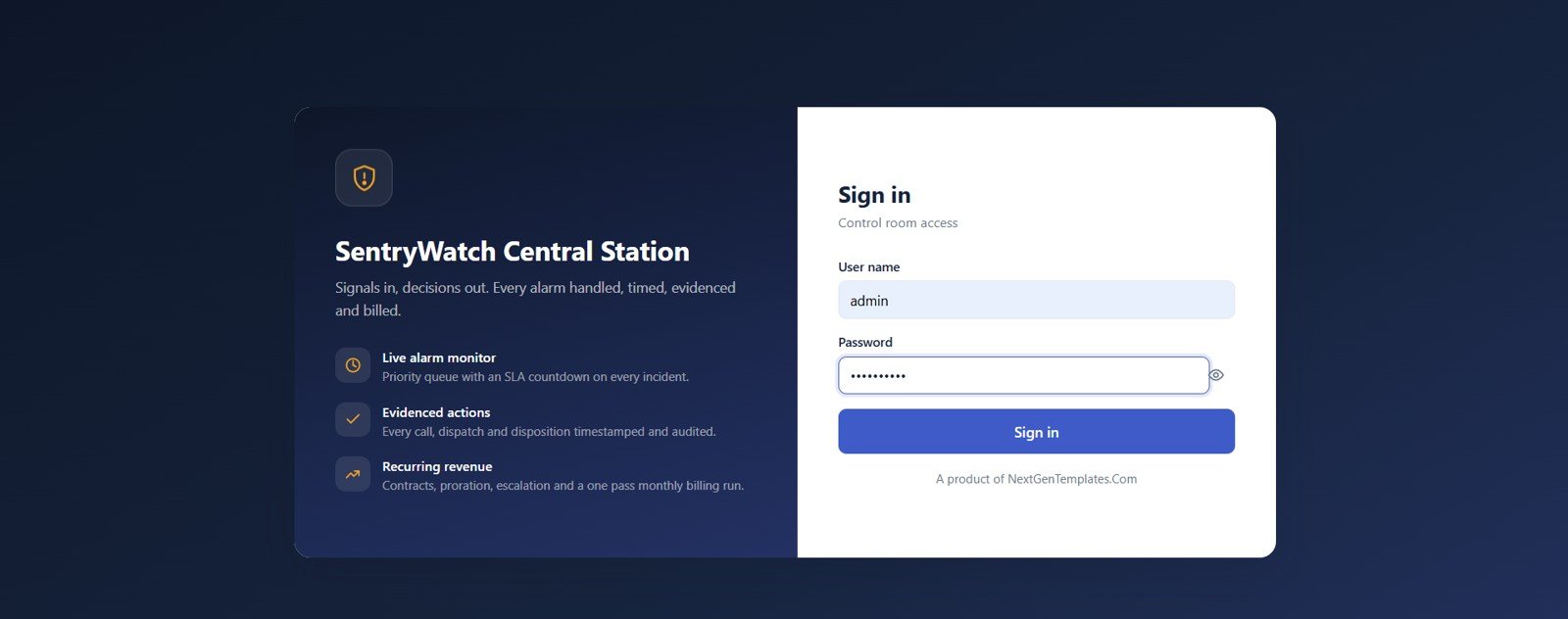 Sign-in screen of the Alarm Monitoring Service Management System Web App