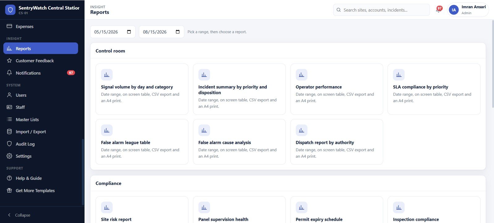 Reports menu grouped by control room, compliance, service and finance