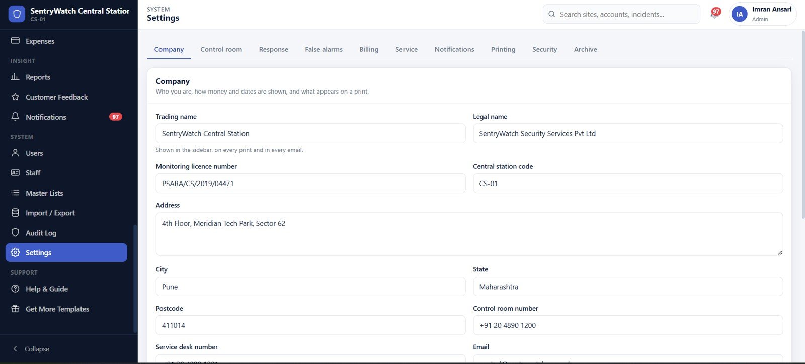 Settings screen with company, control room, response, billing and security tabs