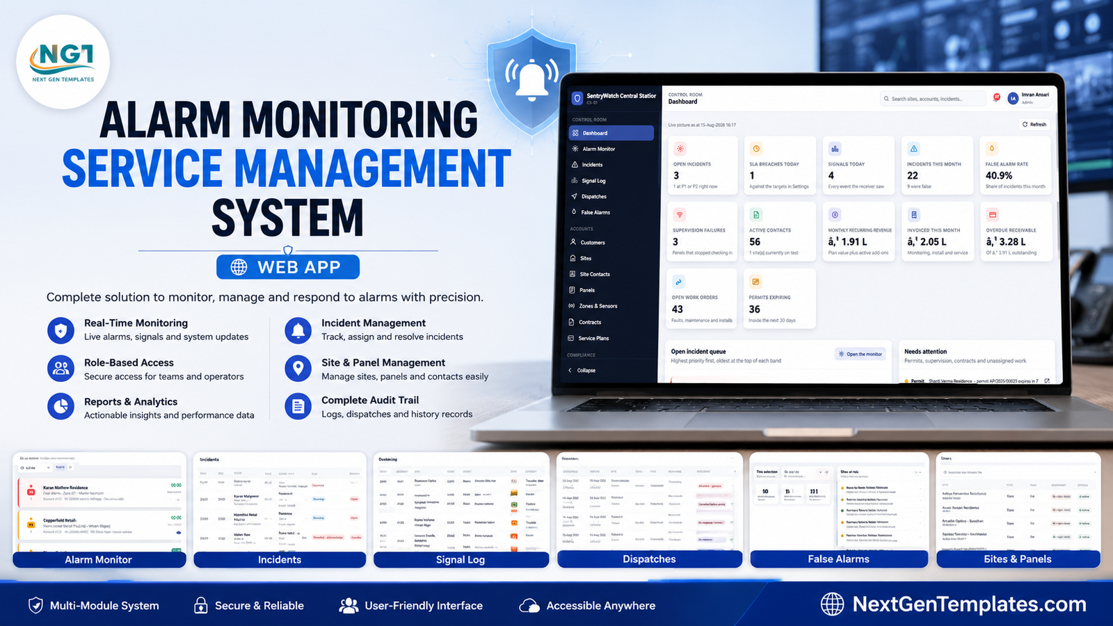Alarm Monitoring Service Management System Web App built on Google Apps Script