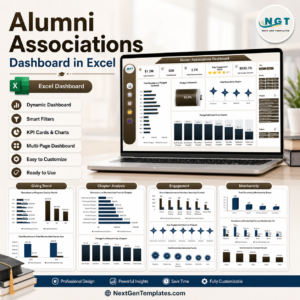 Alumni Associations Dashboard in Excel product cover showing the overview page on a laptop