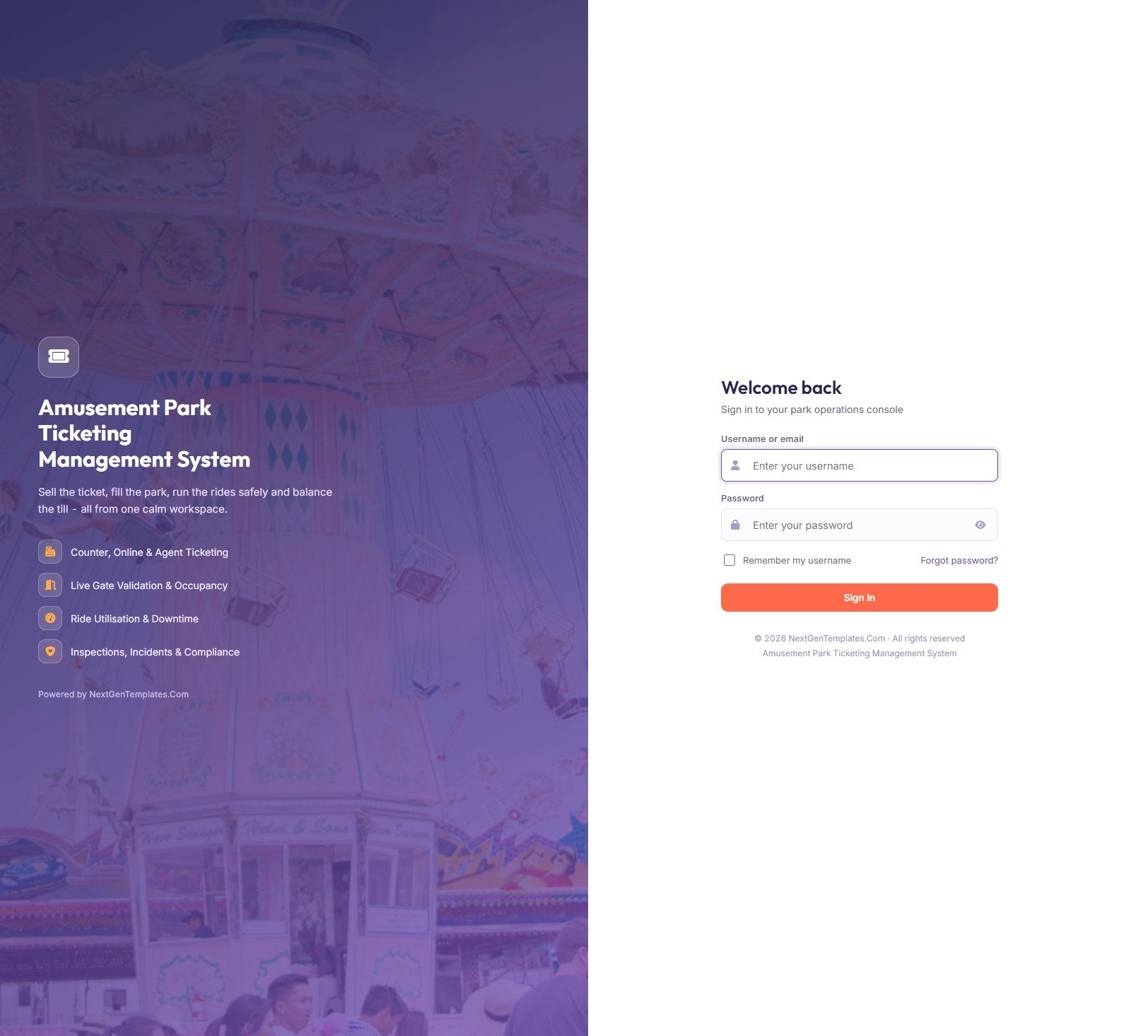 Login screen of the Amusement Park Ticketing Management System Web App