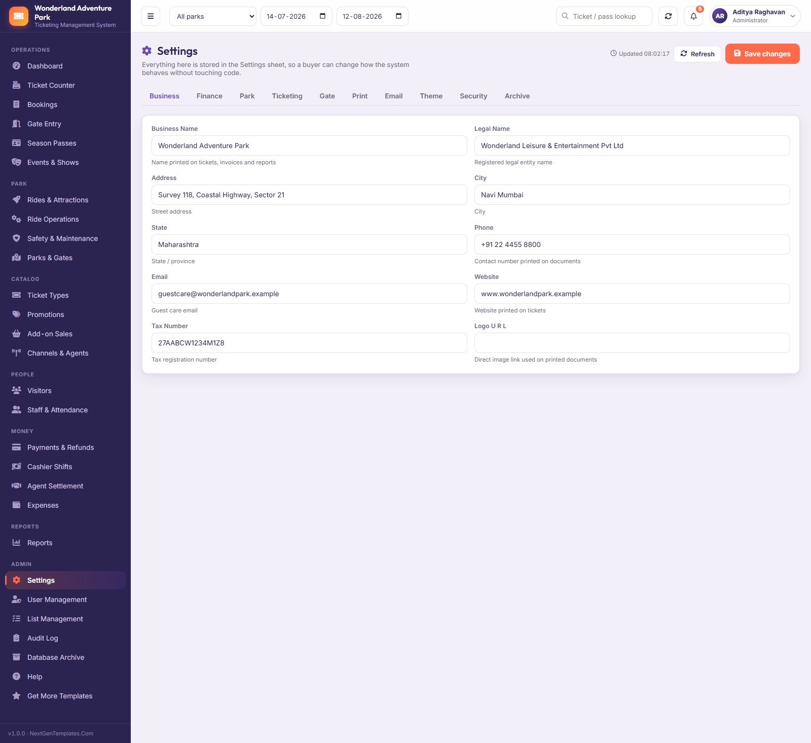 Settings screen showing the business profile tab