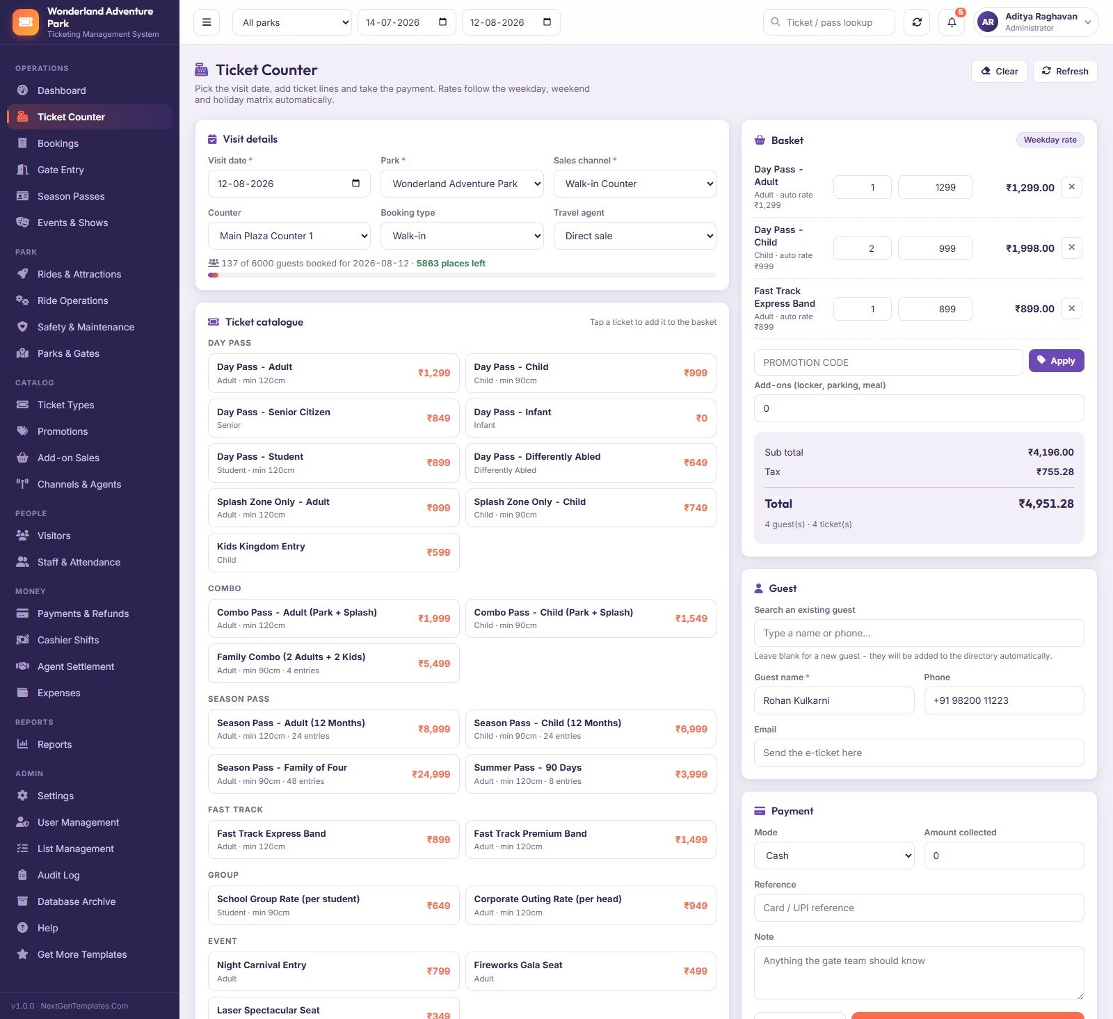 Ticket Counter with ticket catalogue, basket, guest lookup and payment panel