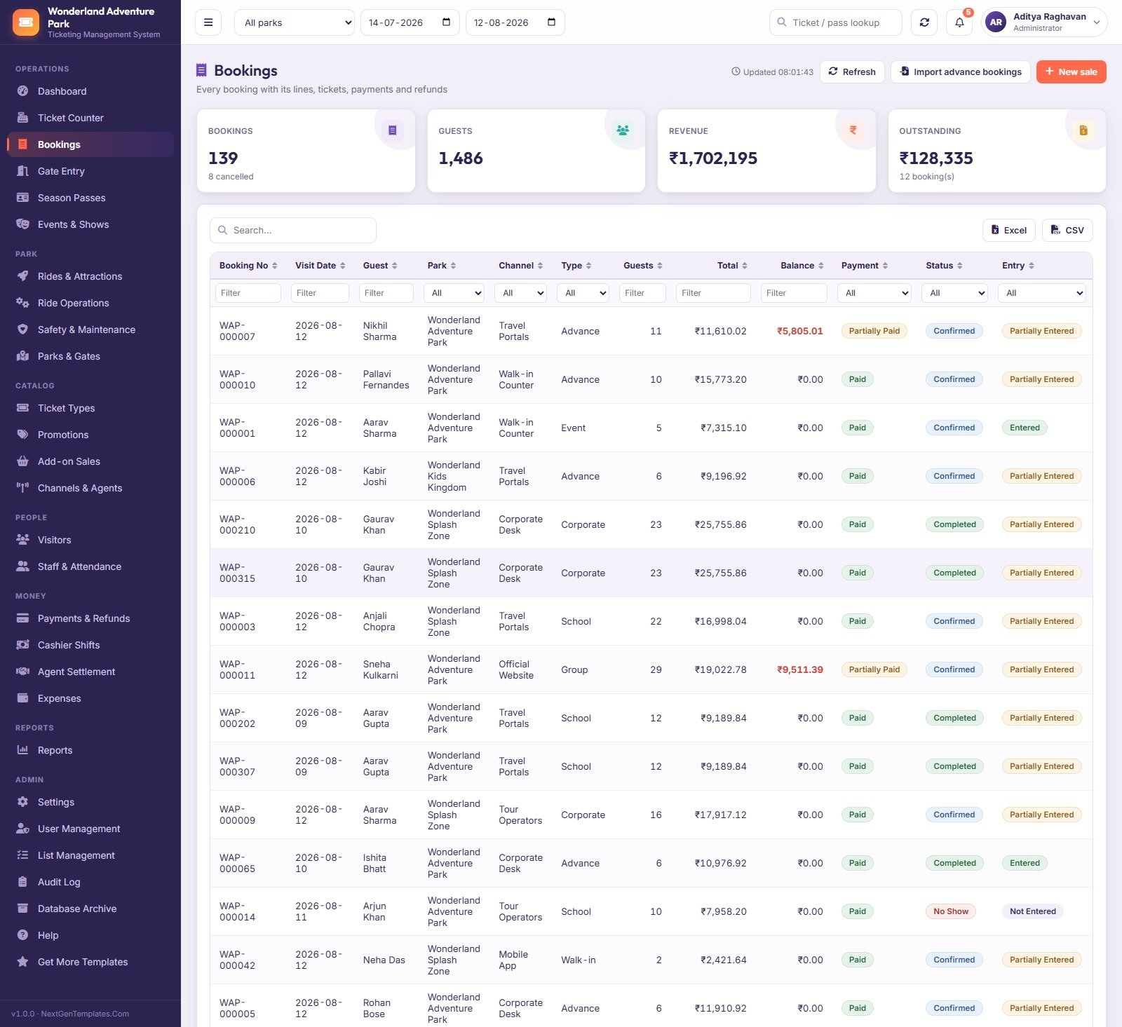 Bookings register showing channel, totals, balances, payment and entry status