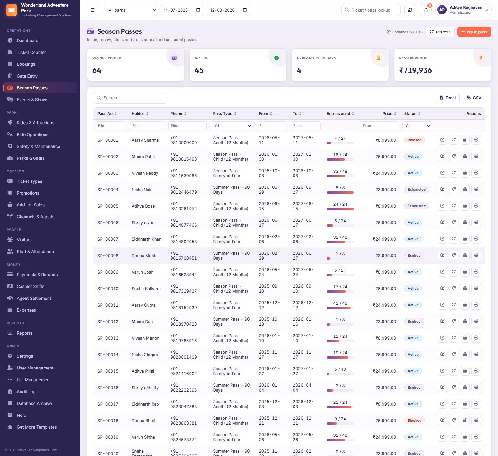 Season Passes register with entries-used progress bars and pass status